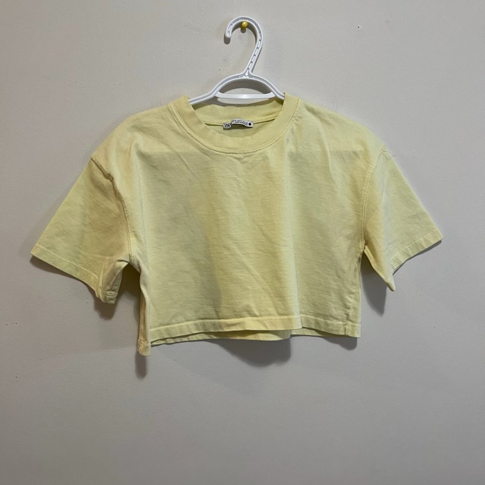 ZARA Womens Yellow Crop T Shirt Short Sleeve Top Sz S